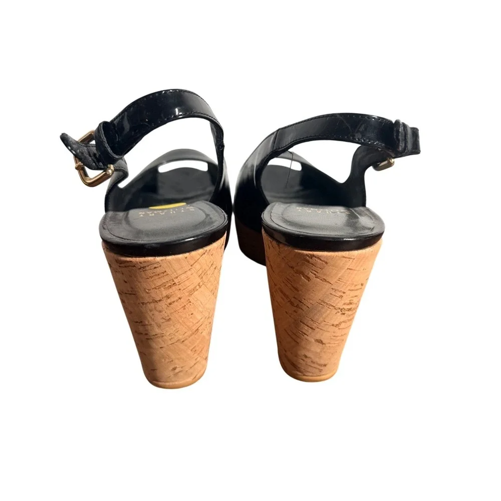 Stuart Weitzman Black Patent Leather Cork Wedge Slingback Peep Toe Sandals 7.5 M - Picture 5 of 6